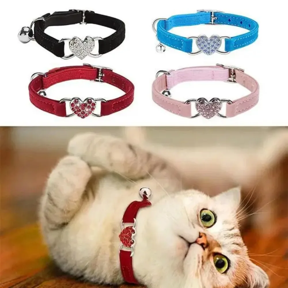 Crystal Heart Shape Dog Collar with Bell Soft Velvet Elastic Pet Necklacce Stretch Puppy Collars cat supplies Ошейник Для Собак