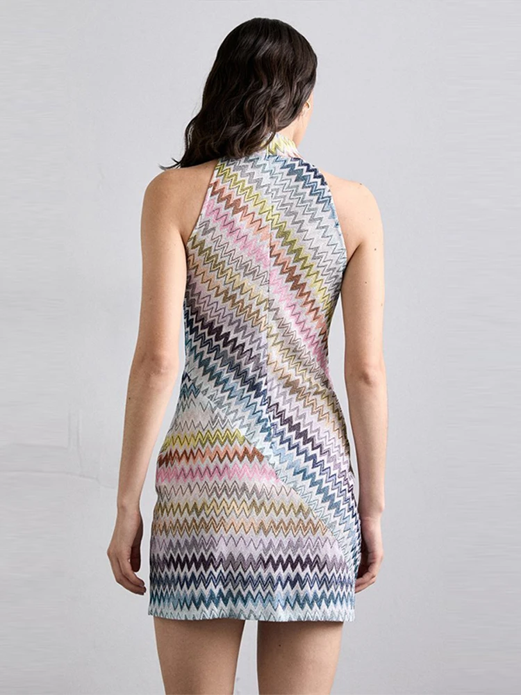 Stand Up Collar Multi-Color Short Dress Woman Sleeveless Striped Patchwork Slim Dresses Fashion Chic Women's New Mini Dresses