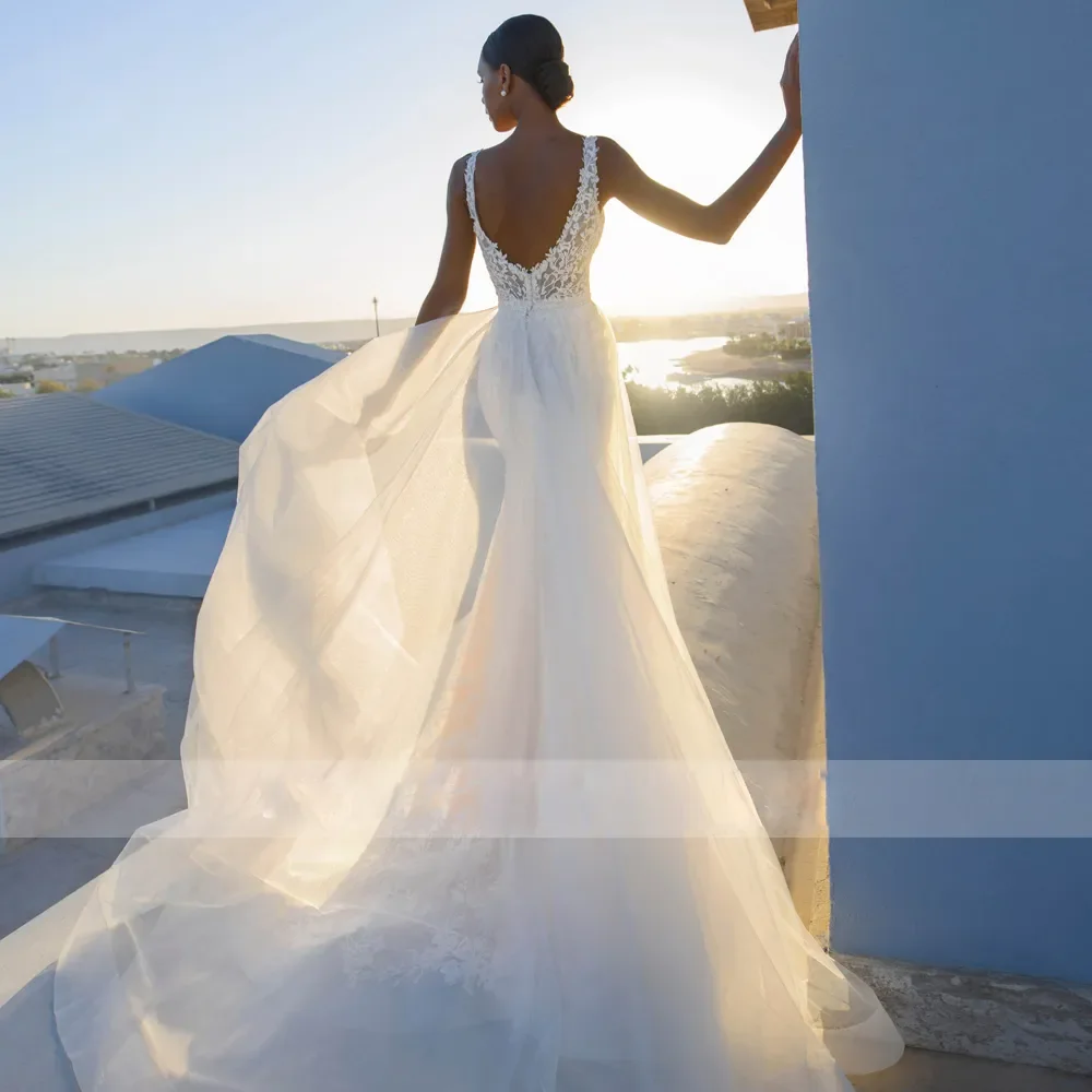 Sexy Backless scollo a V pizzo sirena abiti da sposa Appliques treno staccabile abito da sposa castello senza schienale vestido de mariage