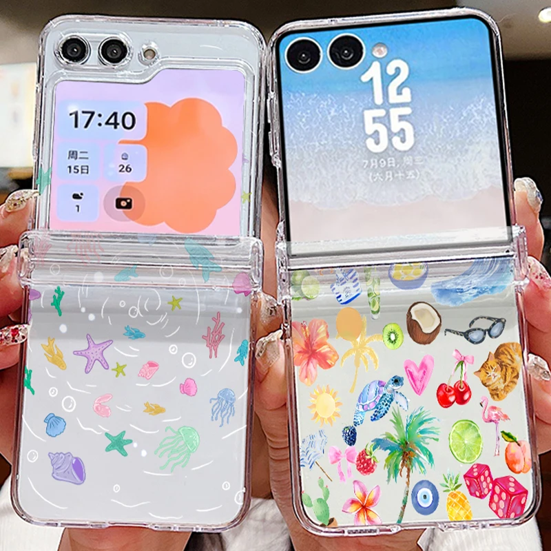 Sea Star Coconut Pattern Phone Case For Samsung Galaxy Z Flip 7 6 5 4 3 5G Flip7 Flip5 Flip6 Shockproof Clear Folding Hard Cover
