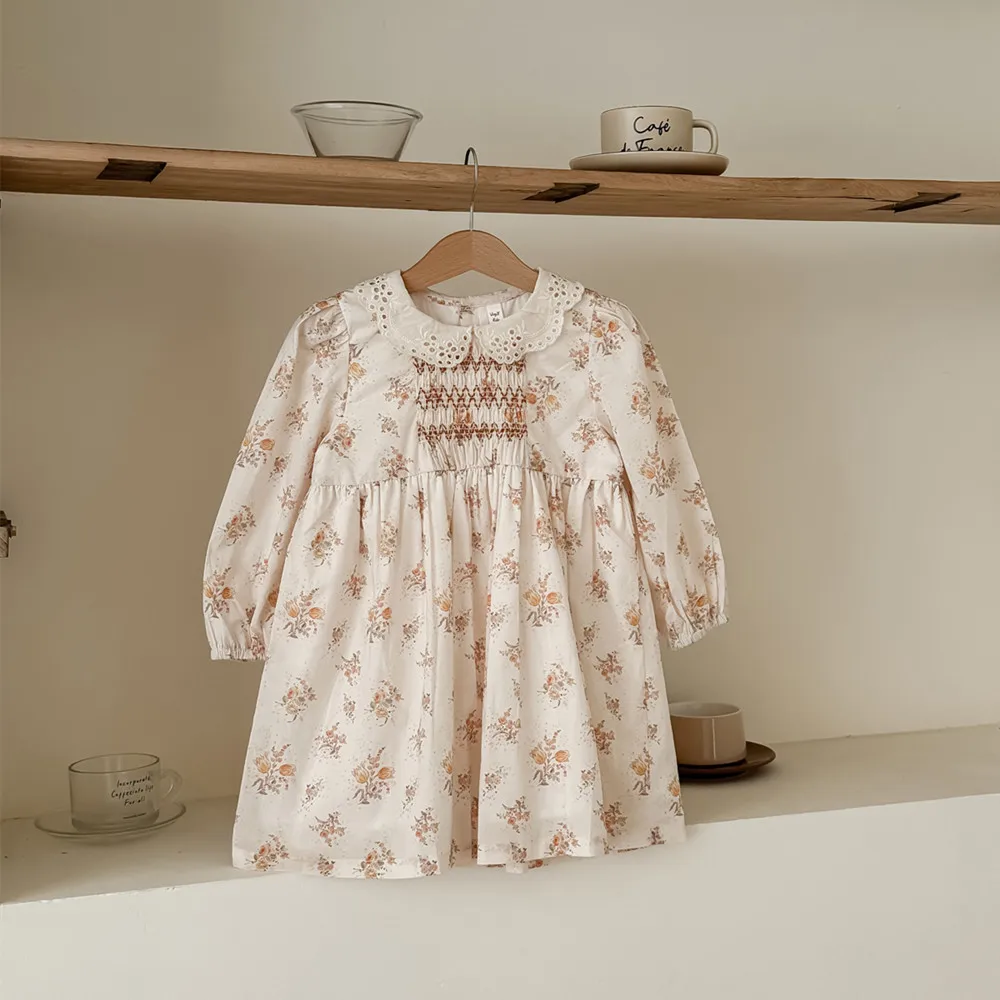 baby girl clothes kids dresses French countryside style retro floral pattern Hand embroidered long sleeved dress