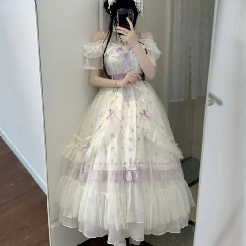 Vrouwen Victoriaanse Vintage Lolita Japanse Op Dresssweet Strik Ruches Off Shoulder Gebloemde Lange Jurken Elegante Prinses Feestjurk