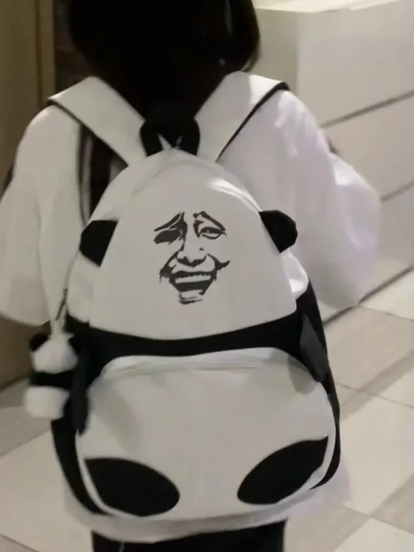 Large Capacity Panda Nylon Backpack Creative Funny Student School Bag Trendy Playful Cartoon Style Dual-Shoulder Bookbag