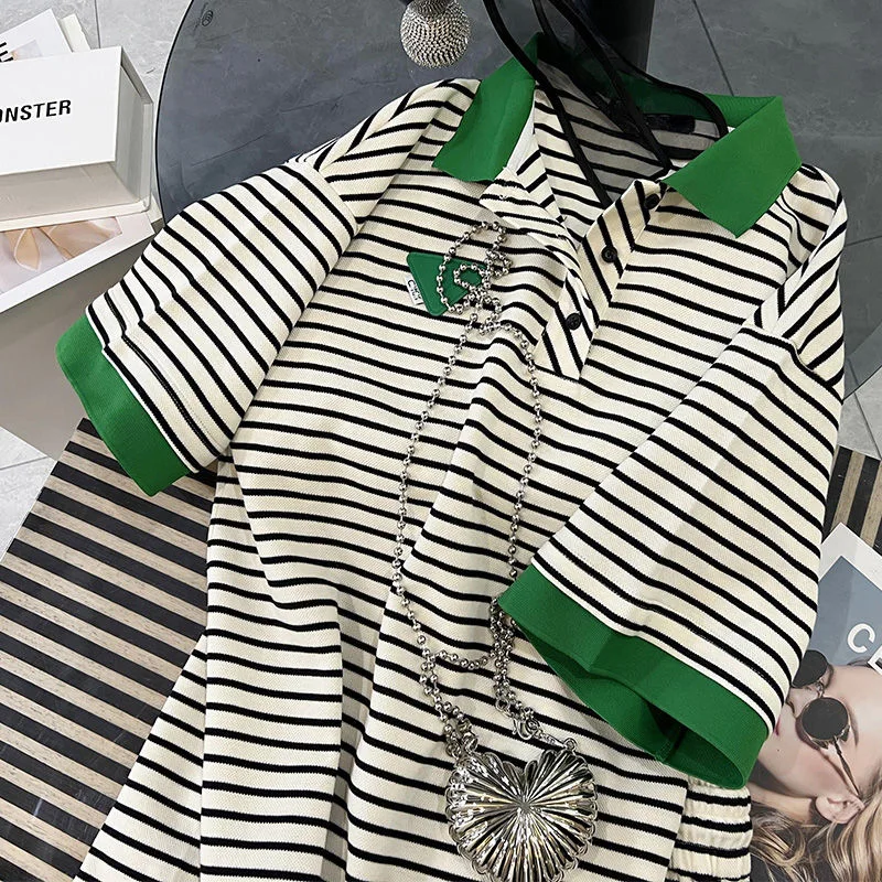 بدلة رياضية للربيع والصيف، قميص بولو مخطط فضفاض، بأكمام قصيرة، تي شيرت شورت كاجوال، طقم مكون من قطعتين