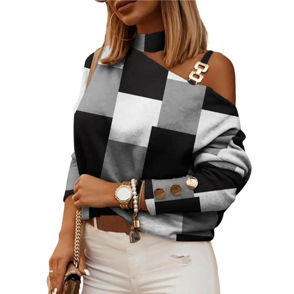 

Elegant Women's Sexy Blouse 2023 Spring/Summer Open-shoulder Hollowed-out Chain Hanging Neck Printed Button Fashion Female Tops