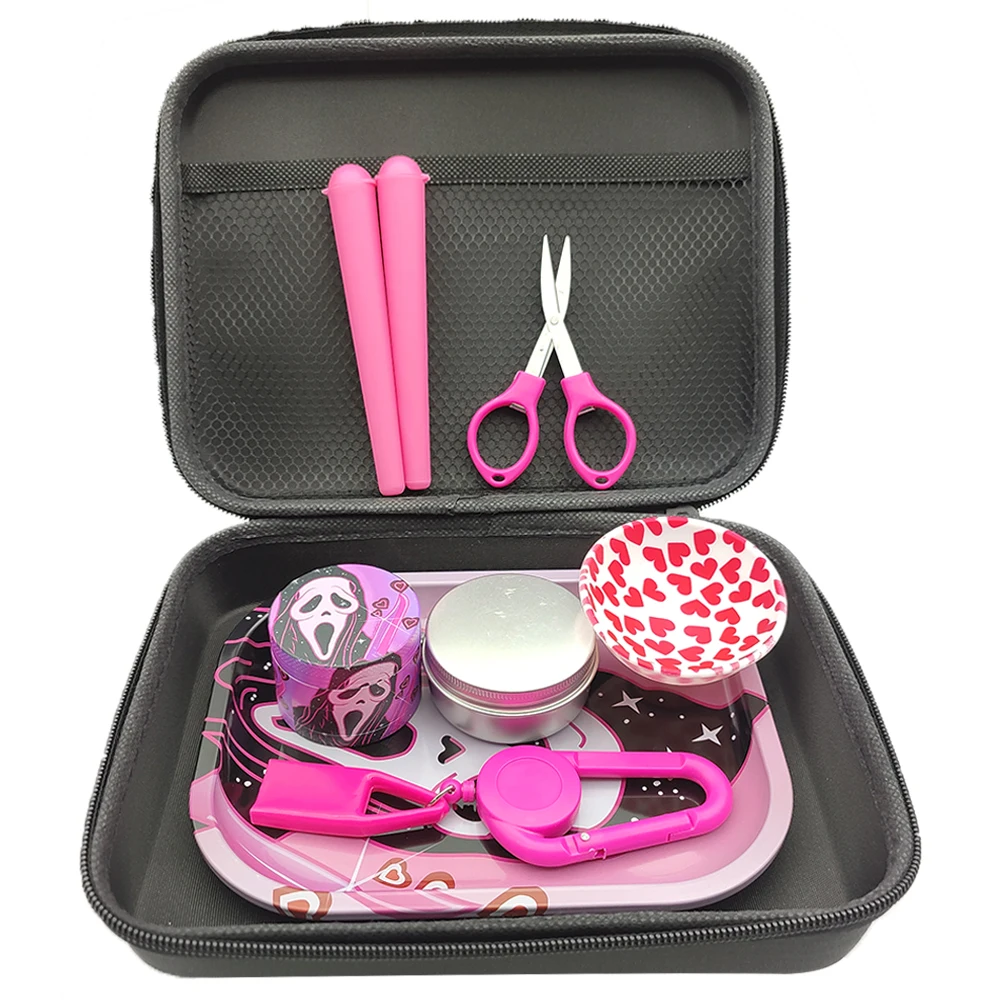 1Set Smoking Kit With Pink Grinder Rolling Paper Tray Lighter Holder Scissors Silicone Bowl Tinplate Box Smoke Accessories Gifts