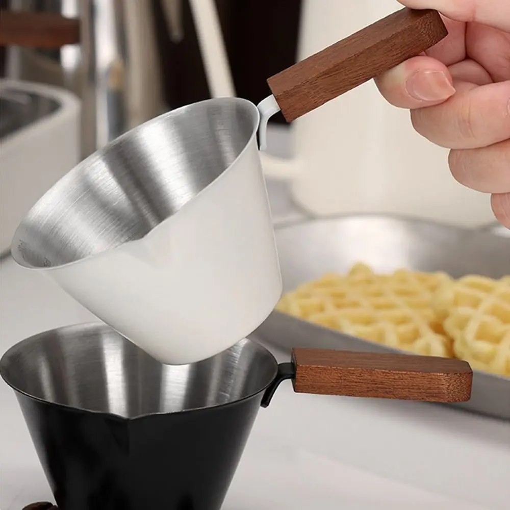 

Stainless Steel Espresso Measuring Cup Clear Capacity Marks Thicken Wood Handle Scaled Coffee Pouring Cup Comfortable Grip