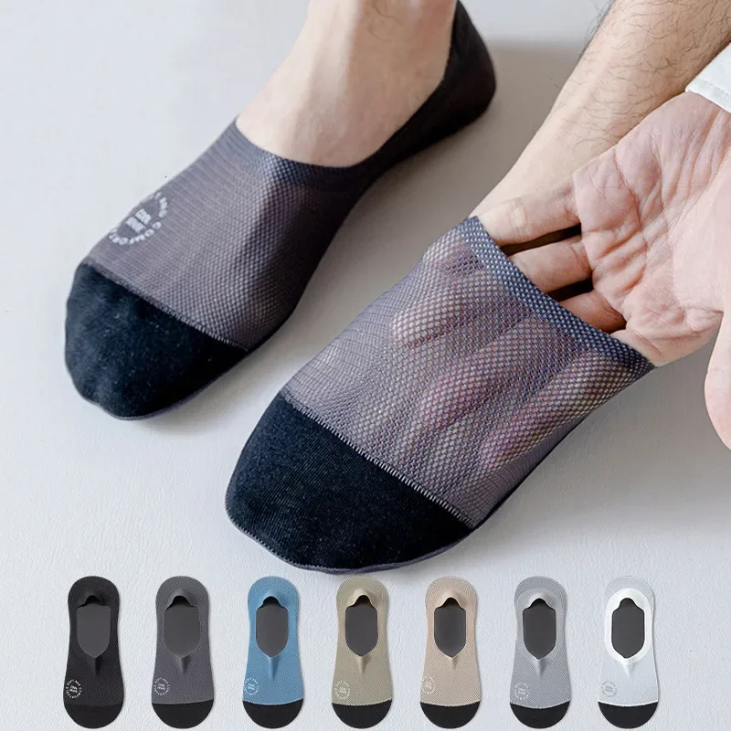 Summer Mens Socks Hollow Out Mesh Breathable Invisible No Show Sock Slippers Solid Color Silicone Non-slip Low Cut Boat Socks