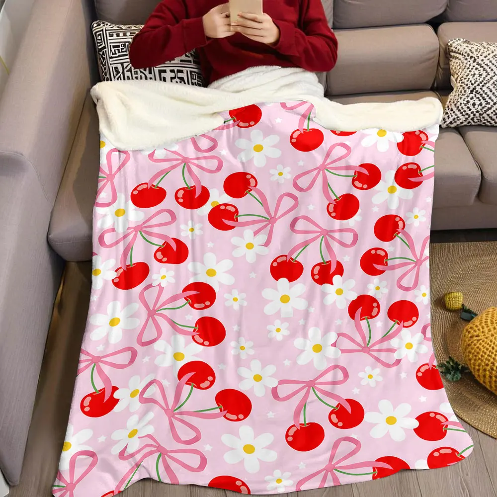 Pink Bow Cherry Daisy Flannel Blanket Warm Soft Halloween Christmas Decorative Couch Warm Cozy All-Season Gift