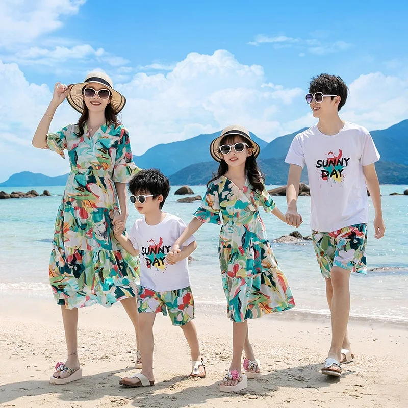 Family Matching Outfit Set Tropical Floral Wrap Dress & T-Shirt Shorts Set Casual Beach Vacation Outfits for Mom Dad and Kids