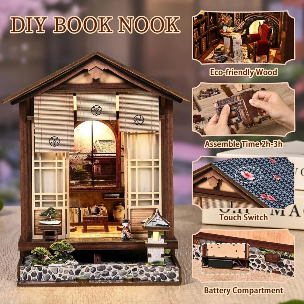 Kit de bricolage 3D Machiya japonais : Modèle de niche à livres à assembler, puzzle en bois, kit d'artisanat, décoration d'étagère, pièces en bois découpées avec précision, ornement de bureau créatif fait main, décoration de maison unique, cadeau d'anniversaire ou de Noël pour les amateurs de bricolage et les passionnés de livres