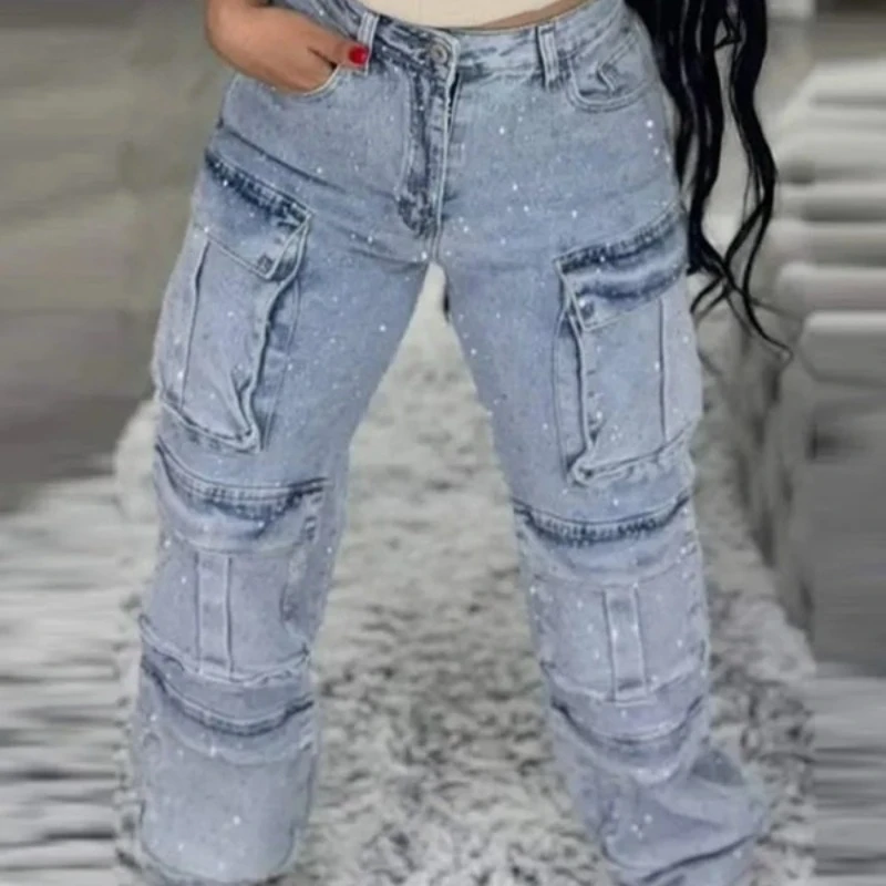 

Plus Size Women's High Waist Cargo Denim Jeans With Full Rhinestones Sparkling Casual Baggy Pants Streetwear Chic Daily Trousers