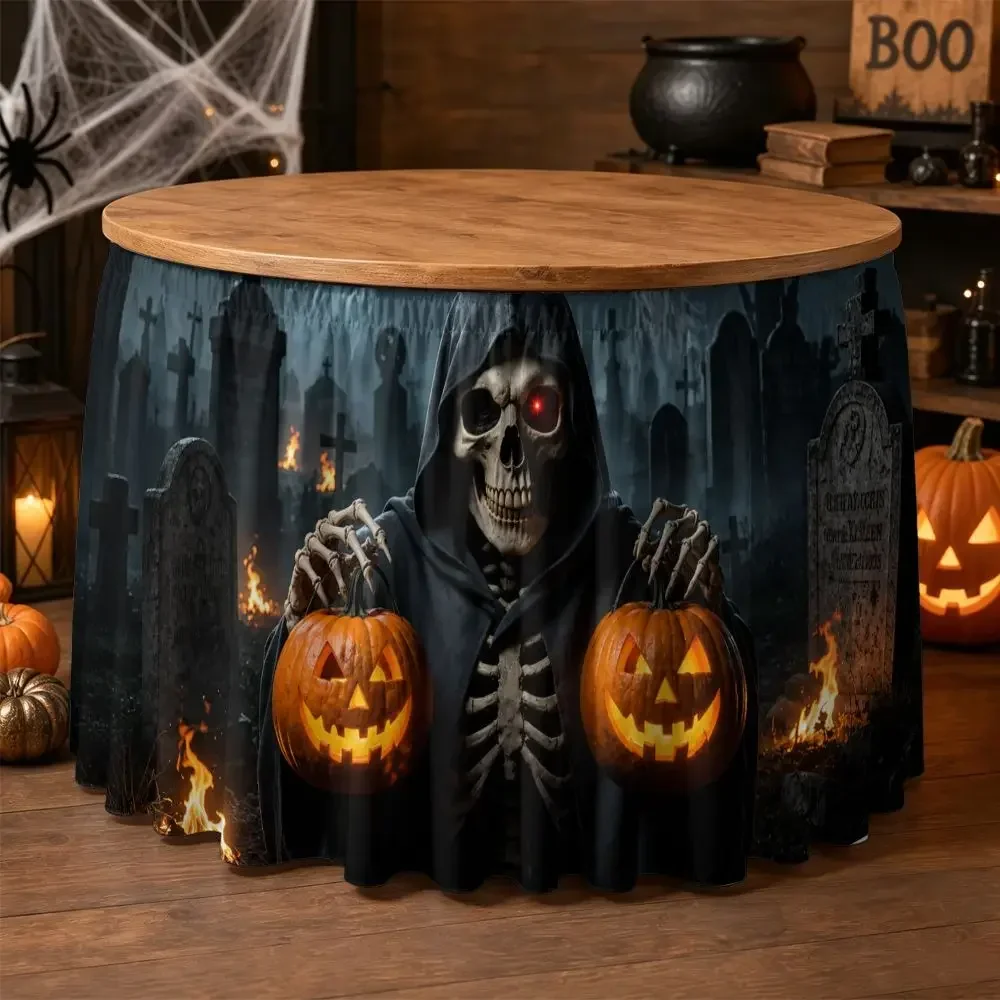 One Halloween tablecloth, a 2D flat design featuring a skull holding two glowing pumpkins.