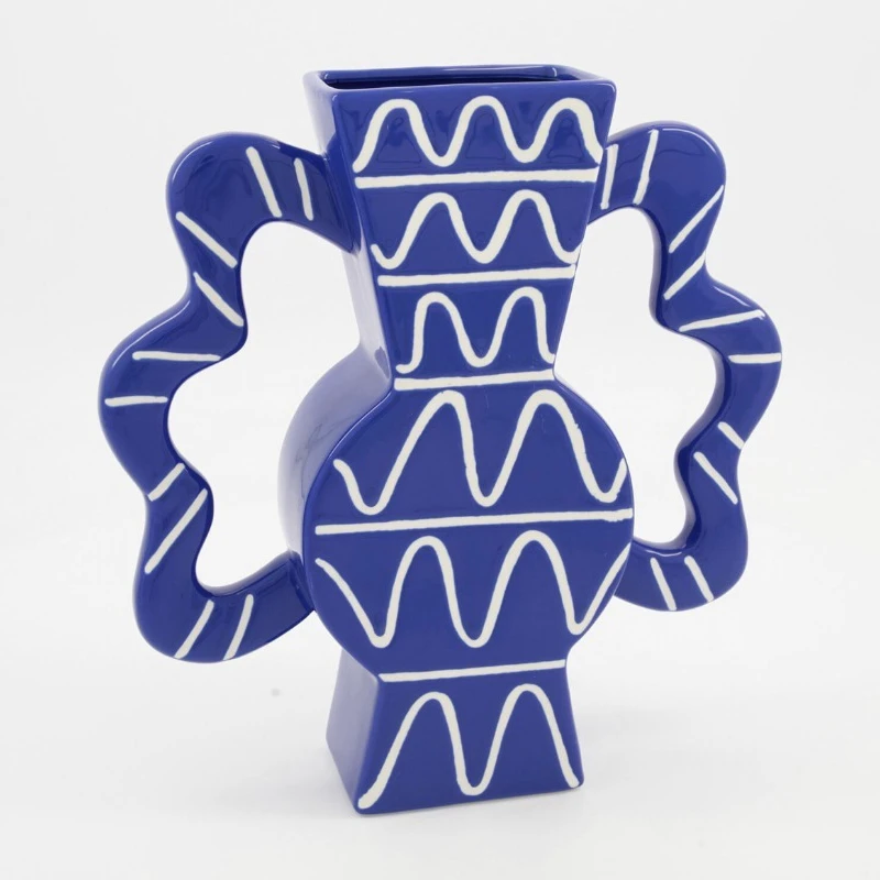 Handmade pottery with ears blue white curved line pattern vase