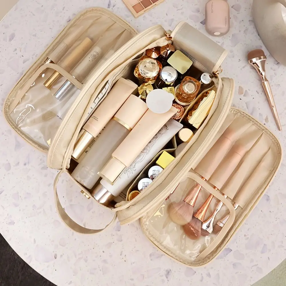 

Simple Double Zipper Makeup Bag Large Capacity Waterproof Travel Cosmetics Bag Handbag Korean Style Leather Wash Bag Outdoor