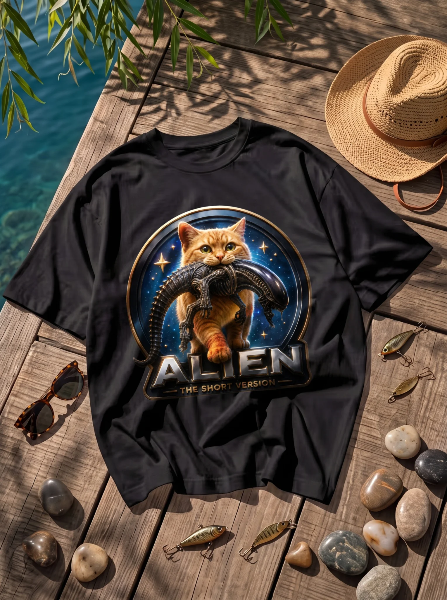 Fun Cat Alien Parody, Orange Cat Holding Alien in Space Ring, Short Humorous Printed T-shirt Summer Fishing Dock Vacation Unisex