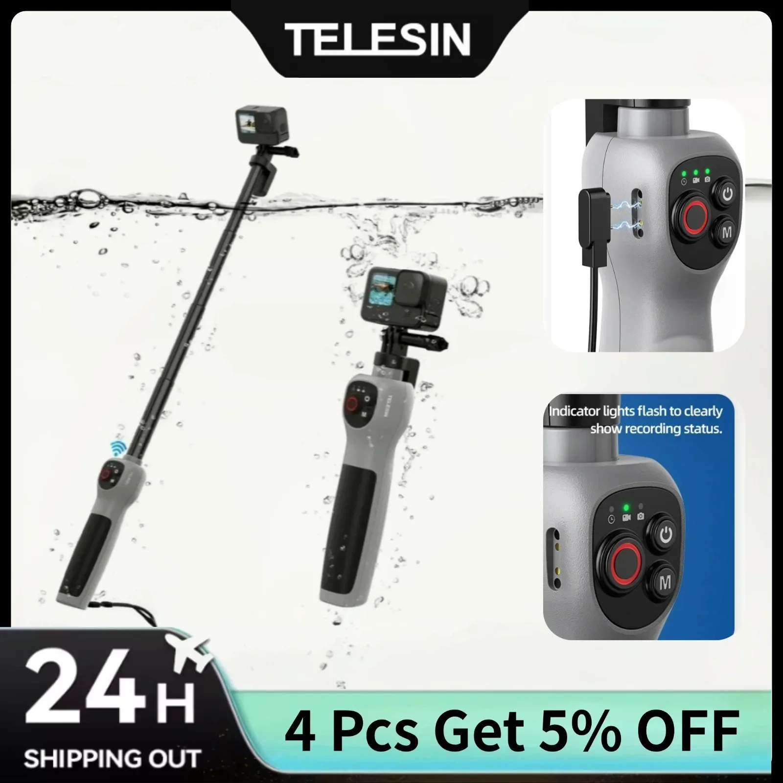 

TELESIN Underwater Extendable Selfie Stick Wireless Remote Control for Gopro Hero 13 12 11 10 9 8 Black Gopro Accessories
