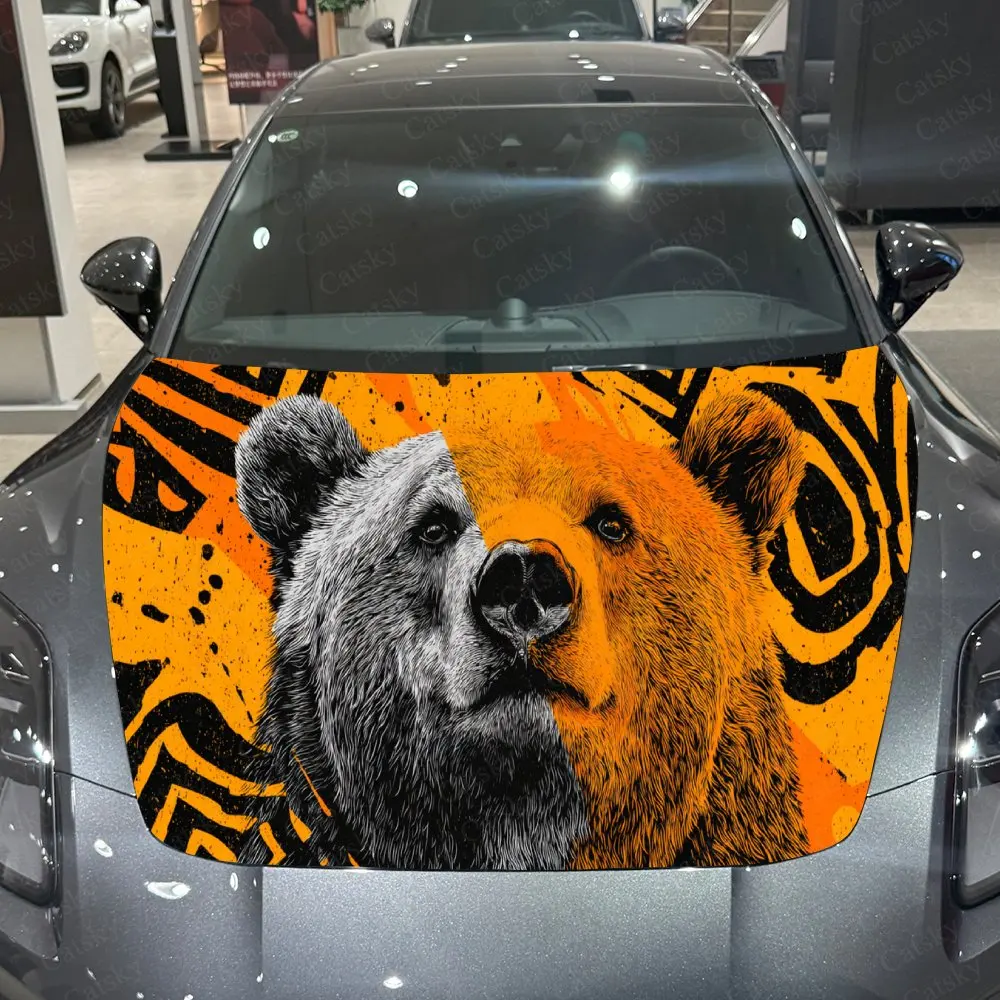 Artistic Split Orange Bear Car Hood Sticker,Waterproof Self-Adhesive Vinyl Graphics Decals,Decorative Auto Accessories Stickers