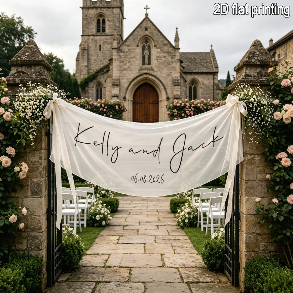 1pc Custom Sheer Tulle Transparent Banner - Personalized Name/Wedding Date, Includes 2 Ribbon Streamers, Ceremony Handheld Prop