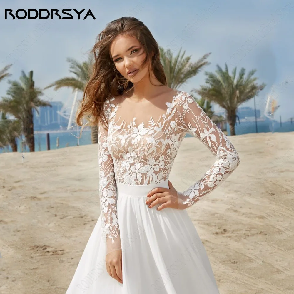 RODRSYA Elegante Backless Abito Da Sposa Per Plus Size Donna Maniche LunRODDRSYA elegante abito da sposa senza schienale per donna taglie forti maniche lunghe a-line abito da sposa Applique Scoop Lace Vestidos De Novia