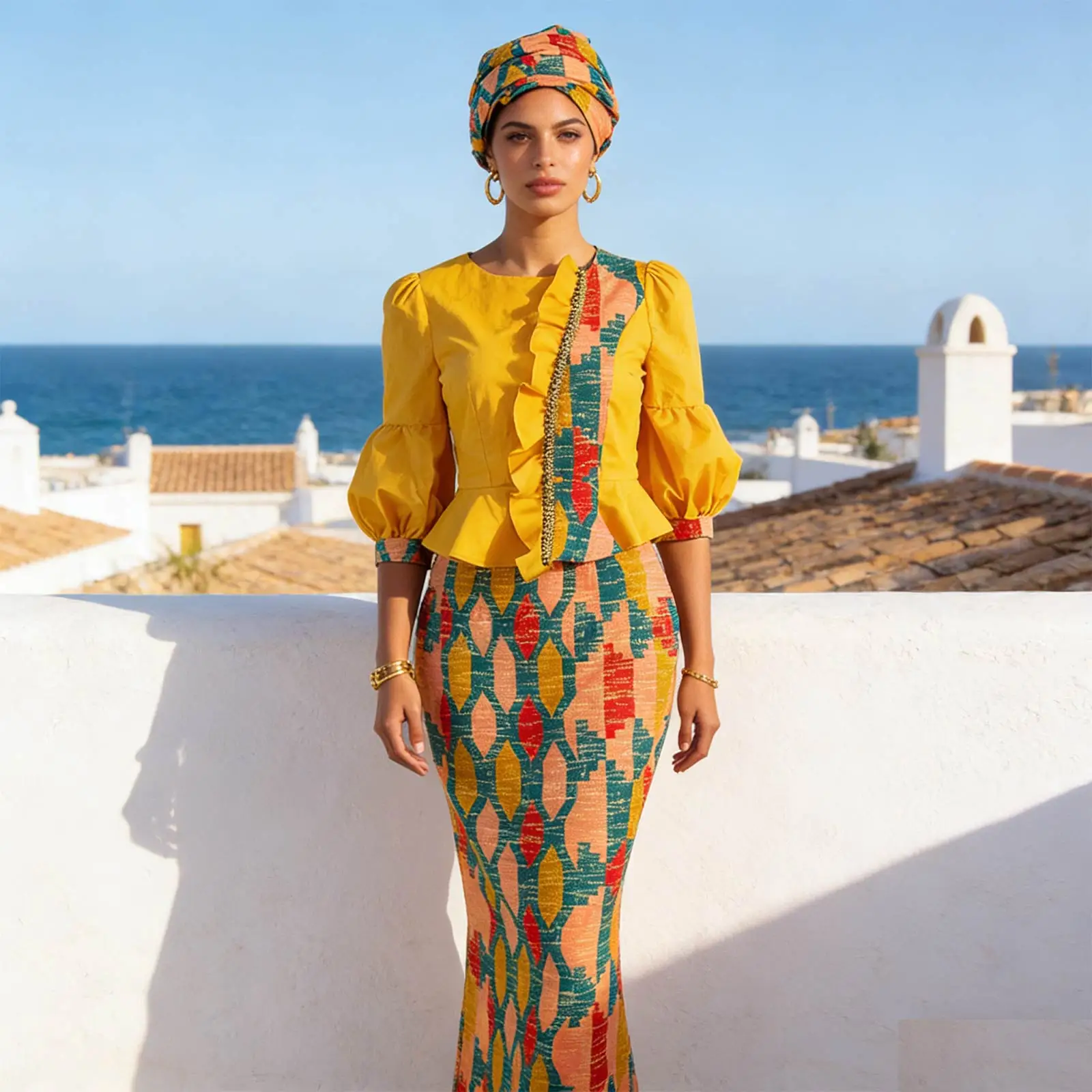 Conjunto de falda africana para mujer, Top con volantes y manga acampanada a la moda y falda delgada, Vestidos con diadema, vestido de novia Dashiki 2526066