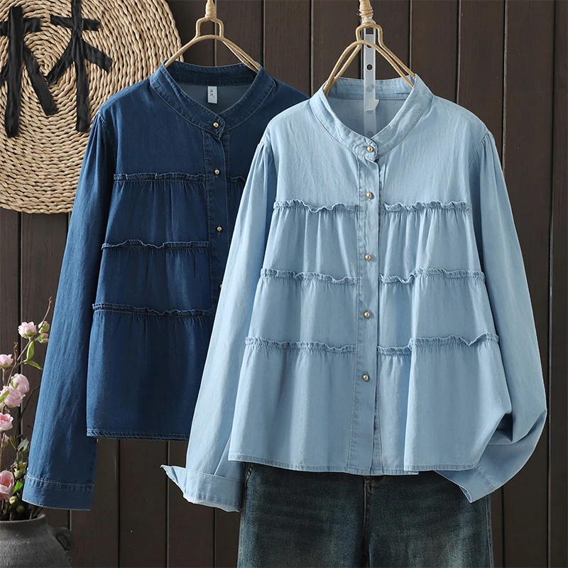 

Женская джинсовая рубашка больших размеров в повседневном стиле с рюшами под дерево, весна-лето, новая, стройнящая, омолаживающая, верхняя одежда