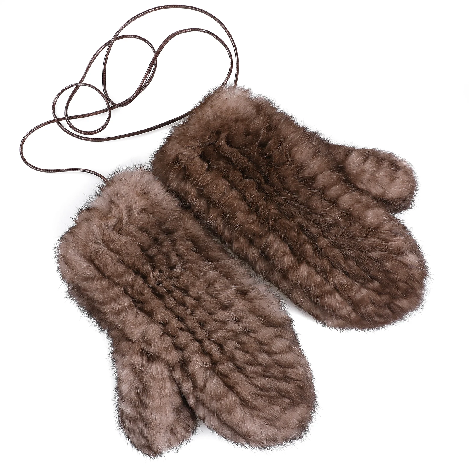 Luxury Women's Genuine Rabbit Fur Knitted Mittens-Soft Winter Cold Weather Gloves-Removable Rope String