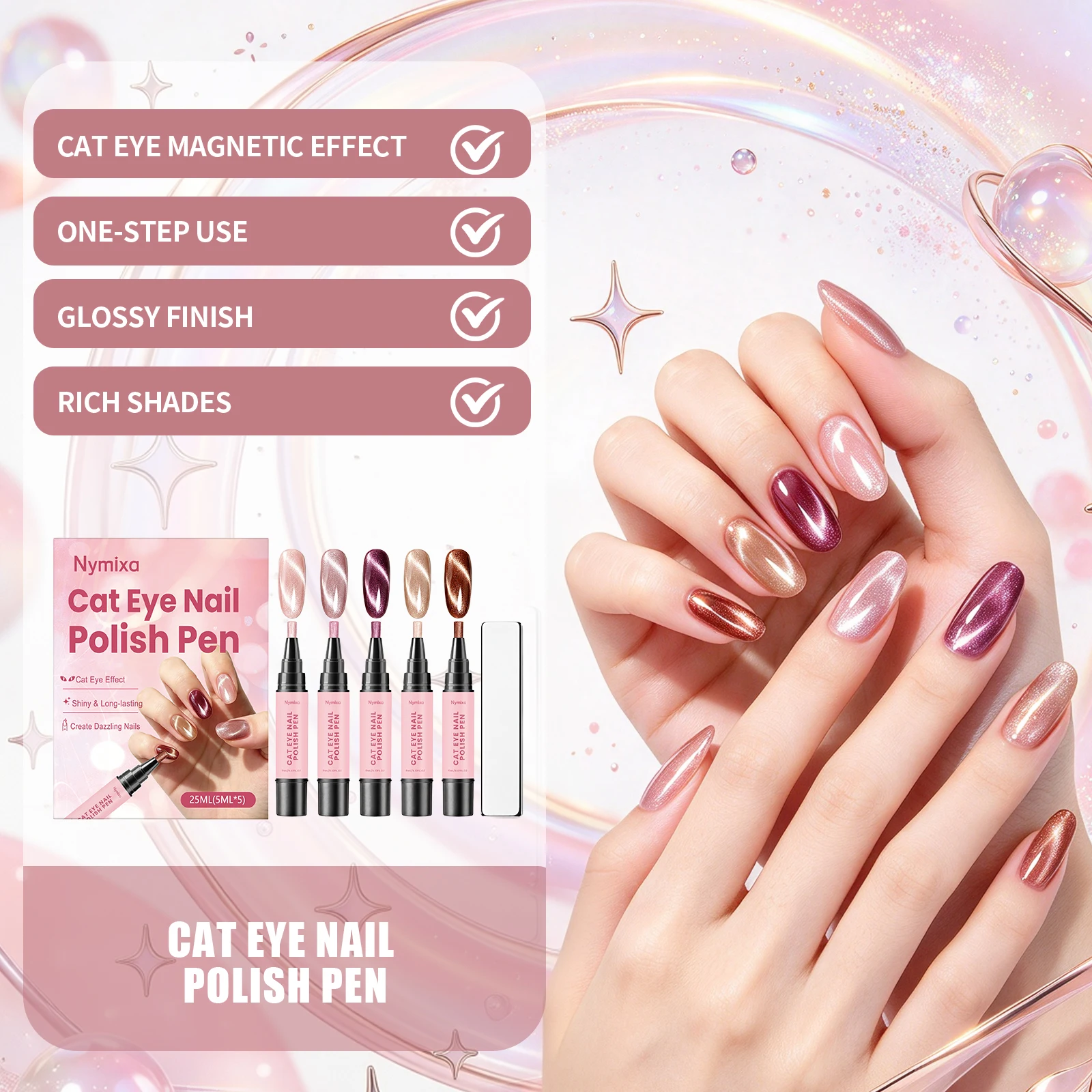 Cat Eye Nail Gel Pen Set 5 Glossy Shimmer Colors With Magnet Wand DIY Manicure Home Salon Nails Magnetic Nail Polish Stick Kit