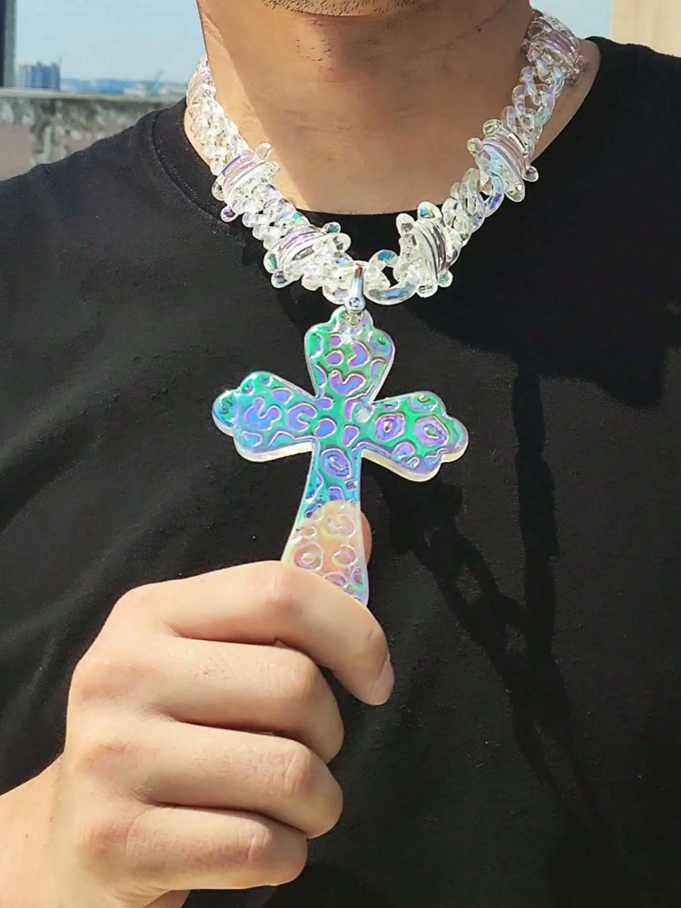 Hip Hop Iridescent Clear Big Cross Pendant Necklace for Men Punk