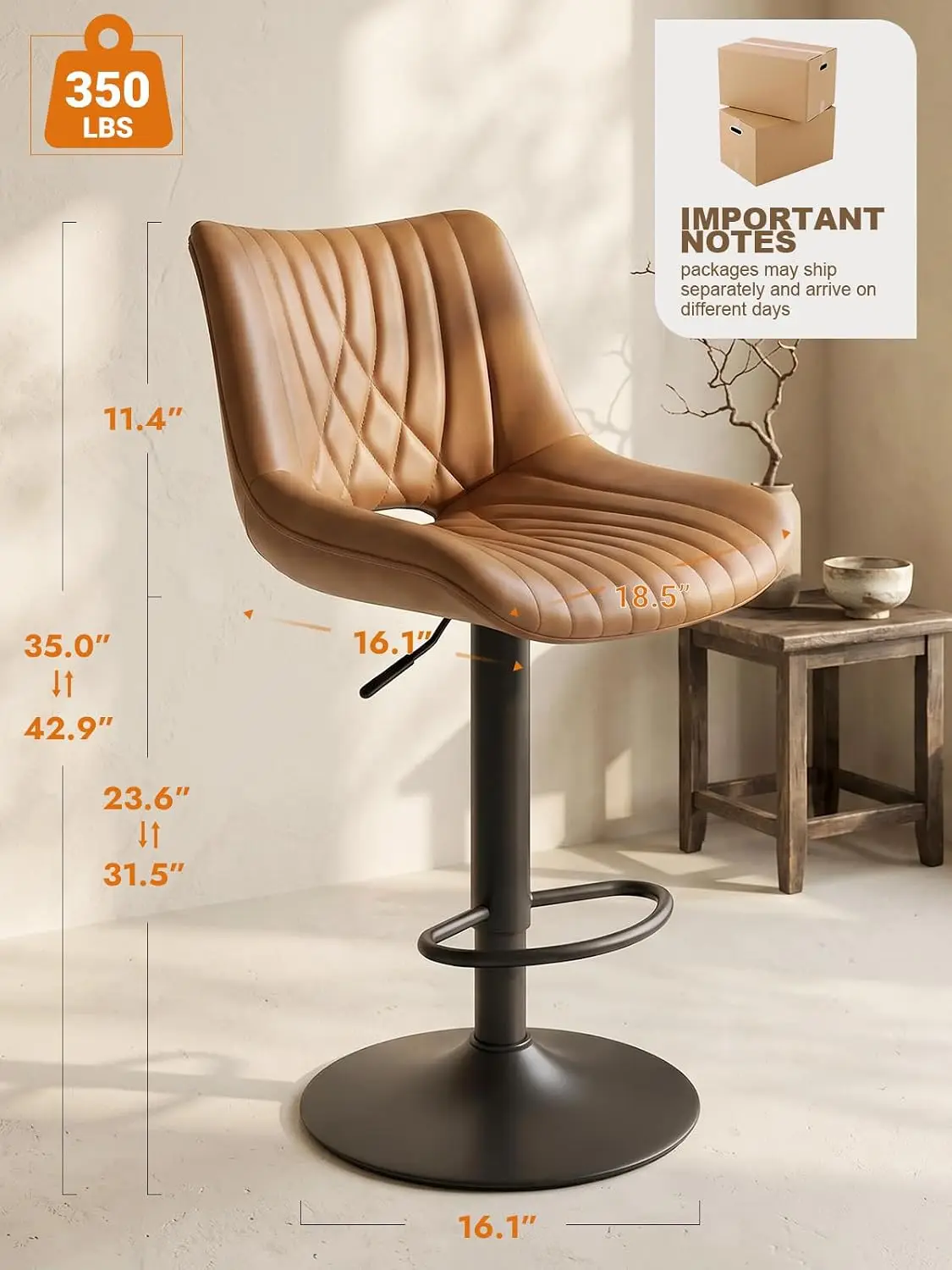 Swivel Bar Stools Set of 2, Height Adjustable Counter Height Bar Stools with Open Back and Footrest, Premium Faux PU Leather