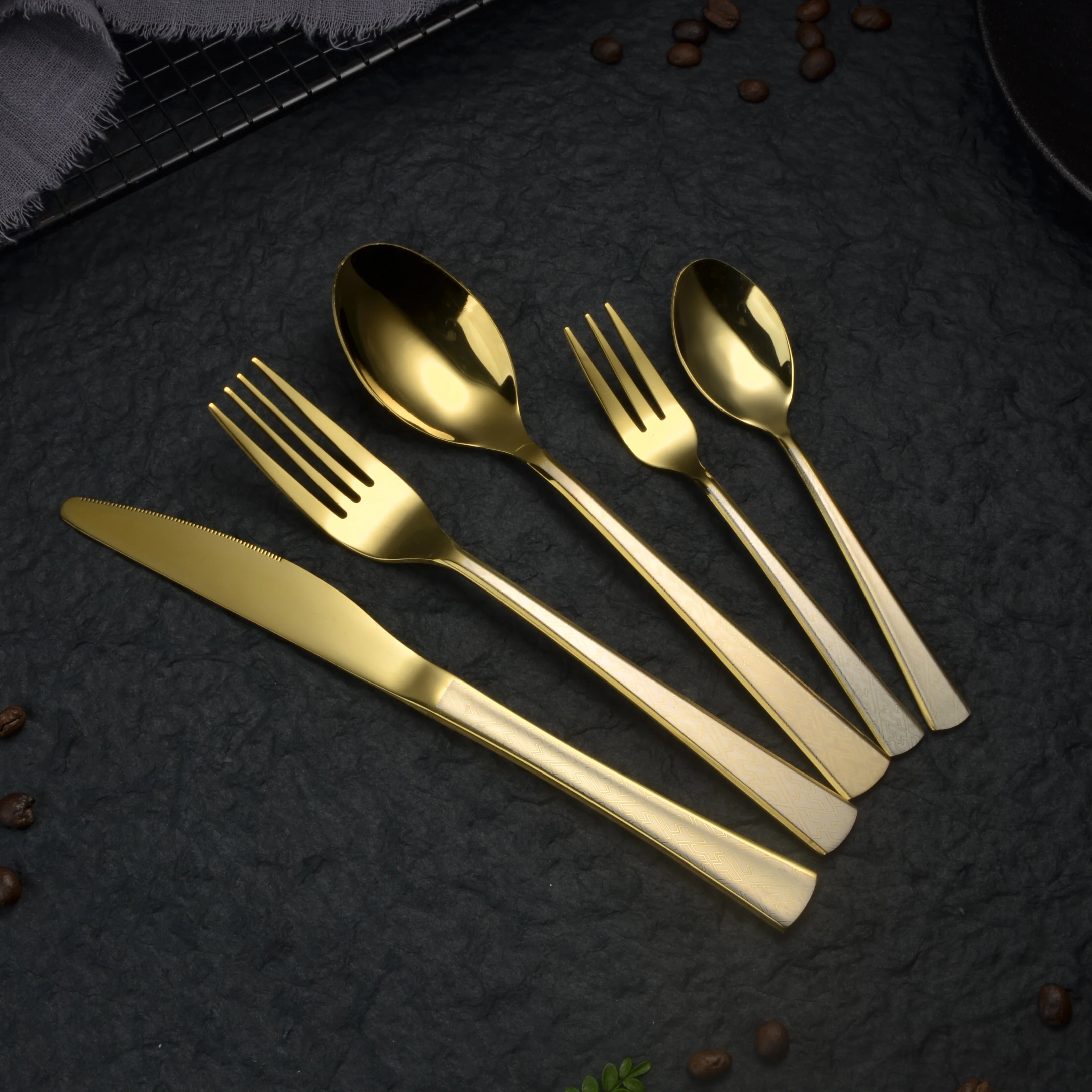 24/30/36Pcs Kitchen Forks Spoon Set Laser Fork Spoon Plaid Pattern Dinnerware Stainless Steel Gold Black Spoon Fork Knife