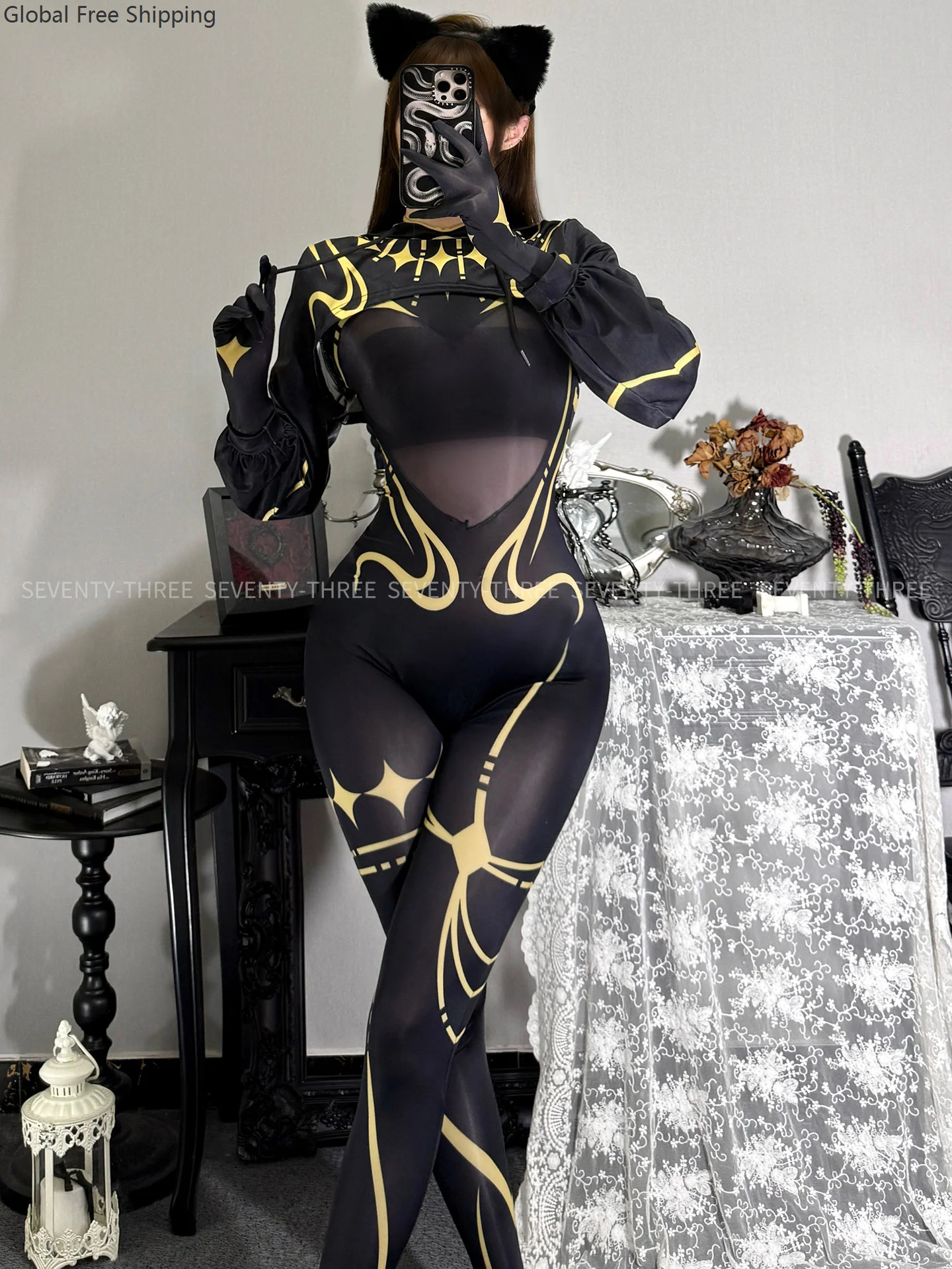 

Punk Cyber ​​yellow Agent Black Hooded Top Tights Mechanical Mecha Warrior Uniform Women's Role Play Sexy Oily Bottom Bodysuit
