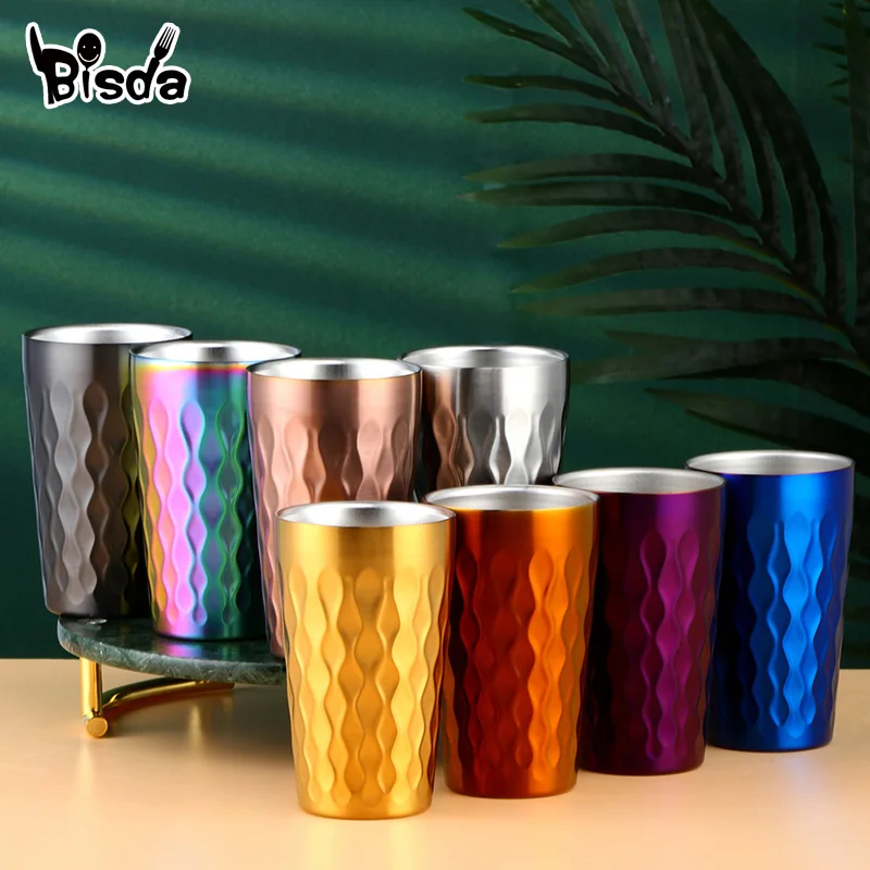 1-7PCS Double-Wall Stainless Steel Hammer Texture Coffee Mug Beer Milk Tea Cups Cold Water Drinks Drinkware With Holder