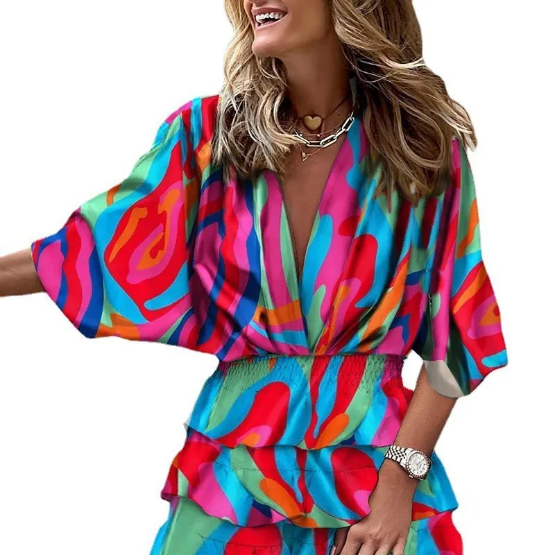 Robe de Sport pour femmes, col en v, manches chauve-souris amples, taille élastique, imprimée, Mini robes décontractées à ourlet à volants