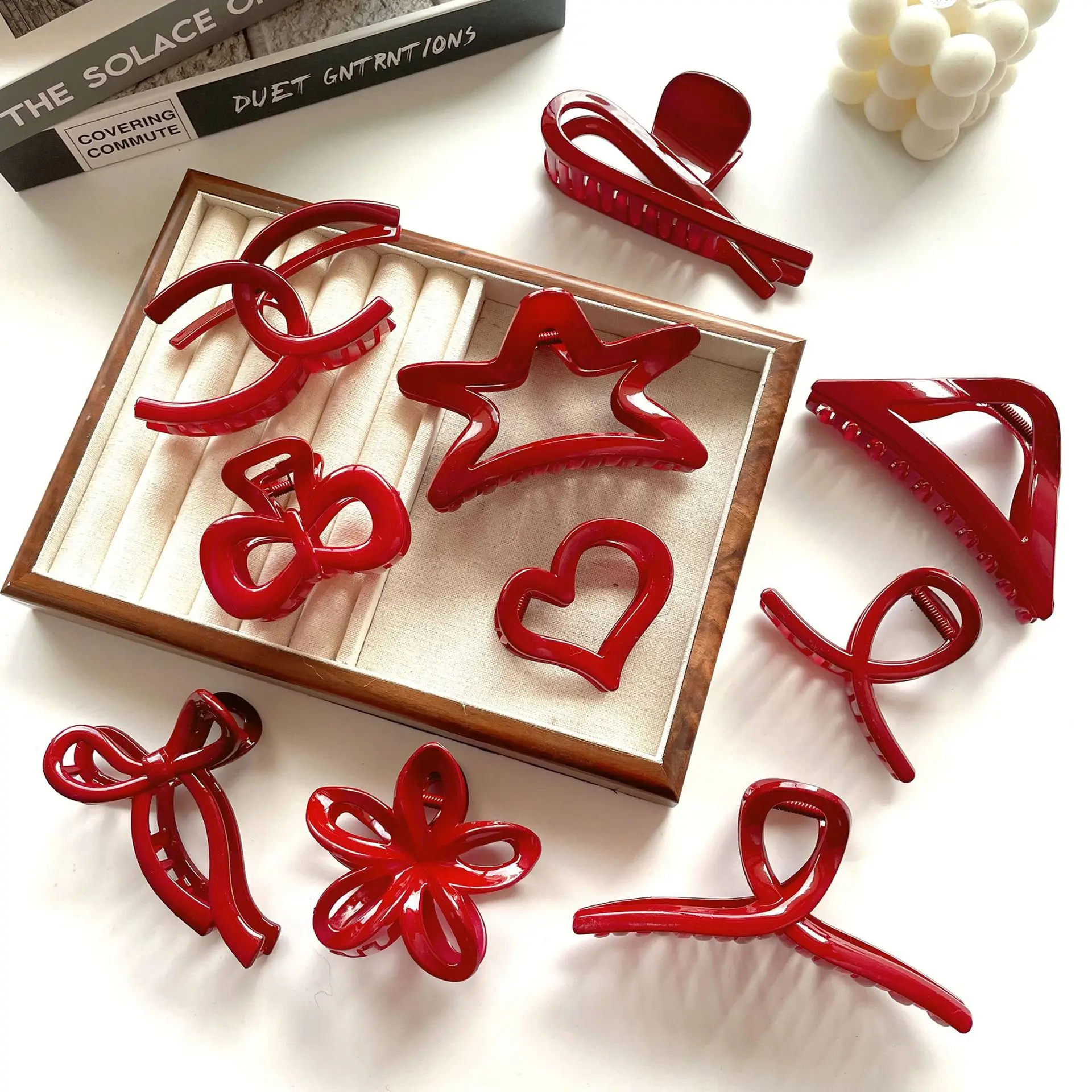 

New Ankara red love five-pointed star bow hairpin, fashionable texture grab clip shark clip