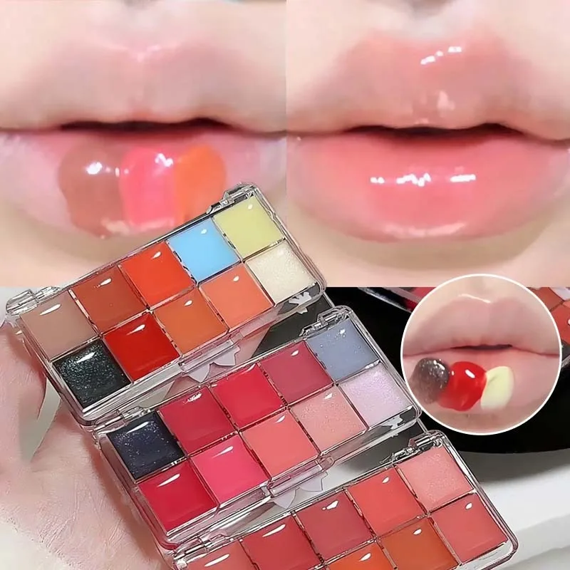 10-Kleur Jelly Lipgloss Plaat Spiegel Kristal Lipsick Hydraterende Waterglas Rood Oranje Lipolie Balsem Sexy Mollige Make-Up Palette
