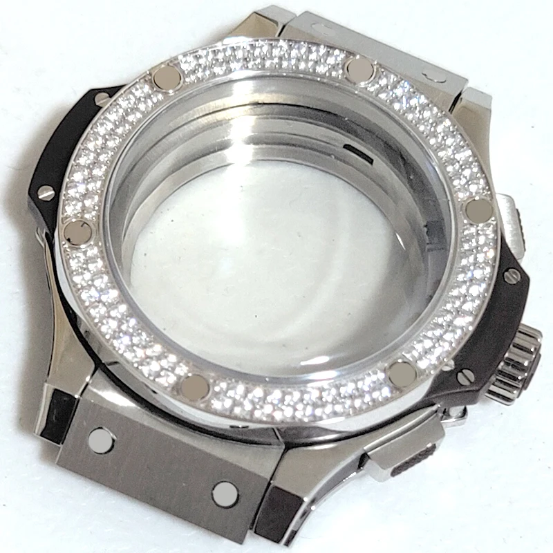 Classic appearance watch case 42mm 11mm thickness stainless steel for 7750 movement Set with diamonds transparent bottom