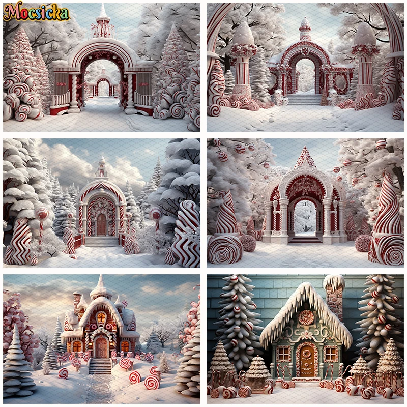 

Winter Christmas Castle Ice Cream House Photography Backdrop Kids Portrait Cake Smash Backgrounds Xmas Tree Snow Cookie Toy