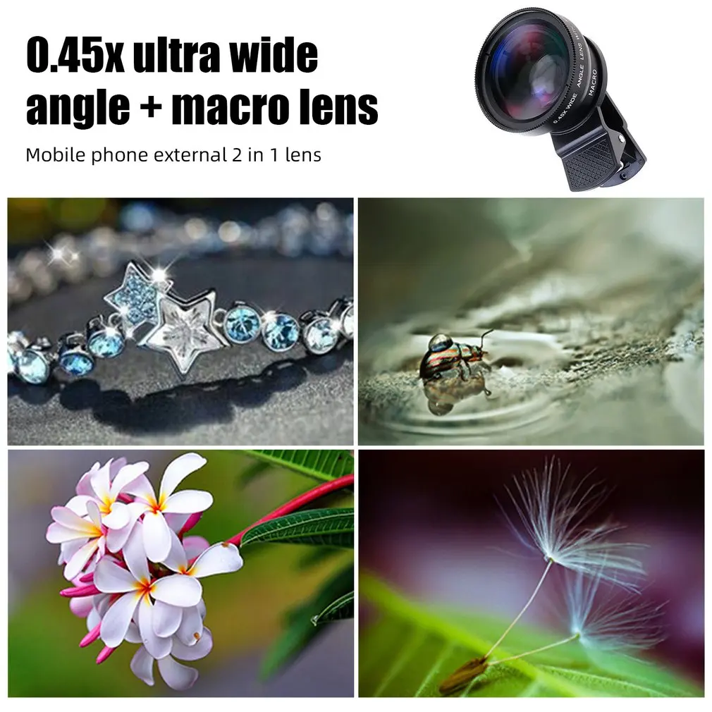 2 Microscopic Functions Mobile Phone Lens 0.45X Wide Angle Len & 12.5X Macro HD Camera Universal for iPhone Android