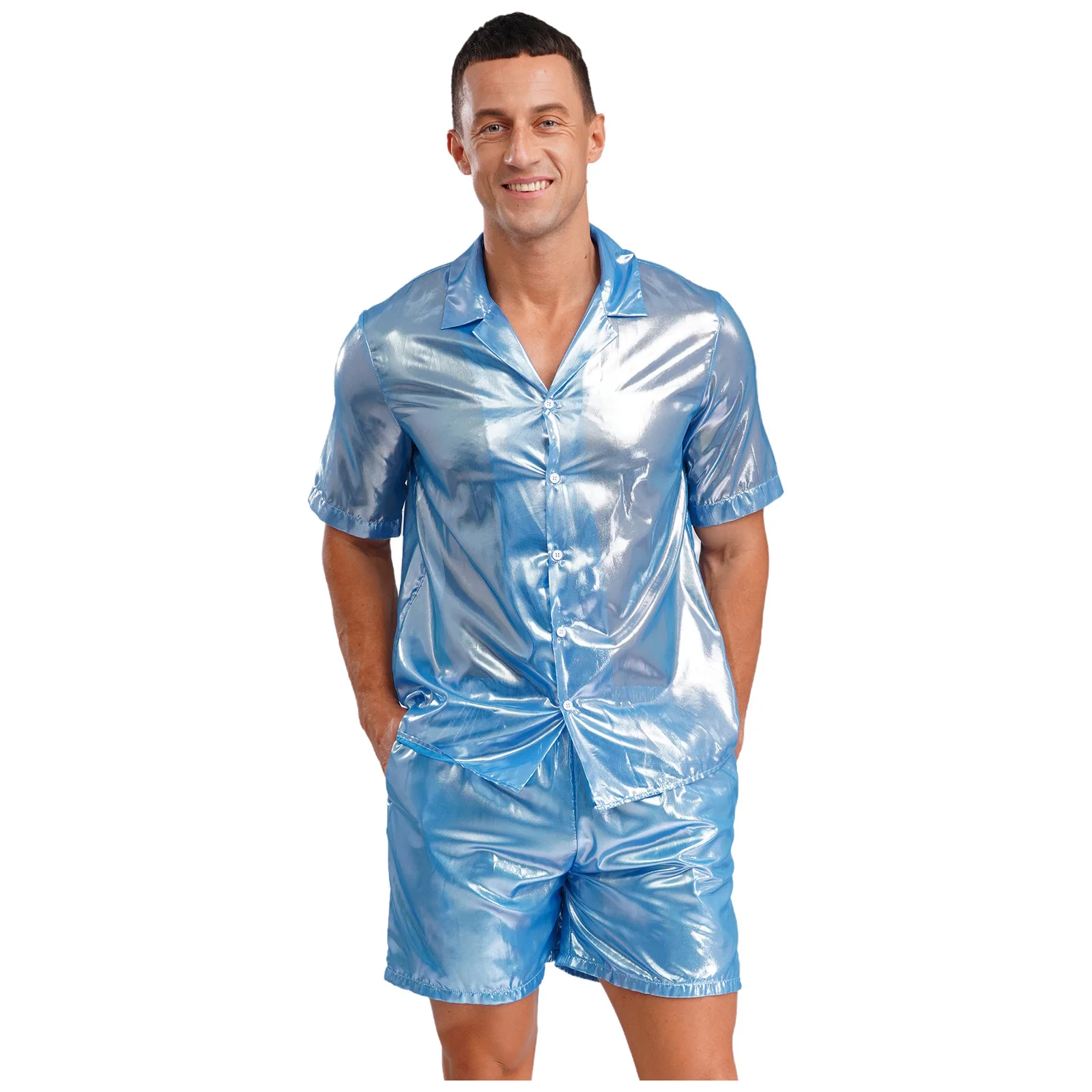 Men's Shiny Beachwear Suit See-through Water-ripple Shine Shirt Top And Elastic Waistband Loose Boxer Shorts for Vacation Travel