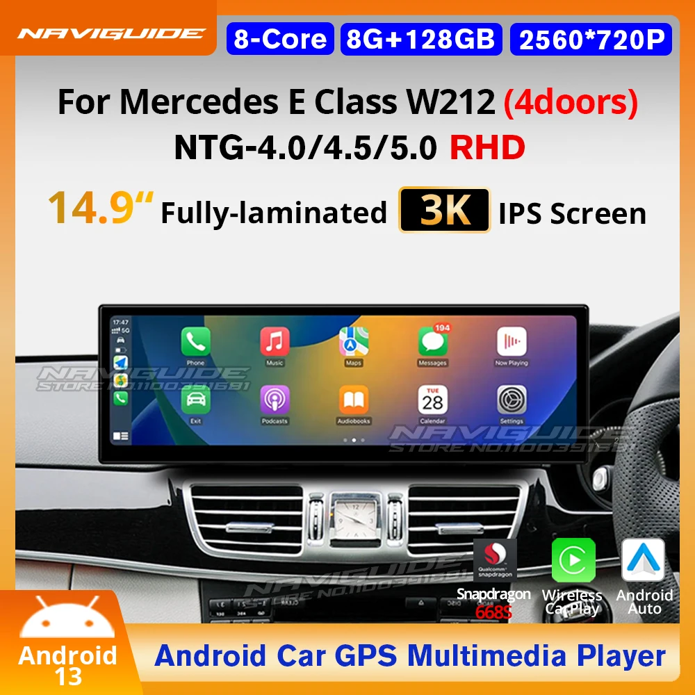 NAVIGUIDE 차량용 멀티미디어 플레이어, 메르세데스 E 클래스 W212 RHD 2009 2018, 무선 카플레이, 자동 GPS 네비게이션 헤드유닛, 14.9 인치 안드로이드 13