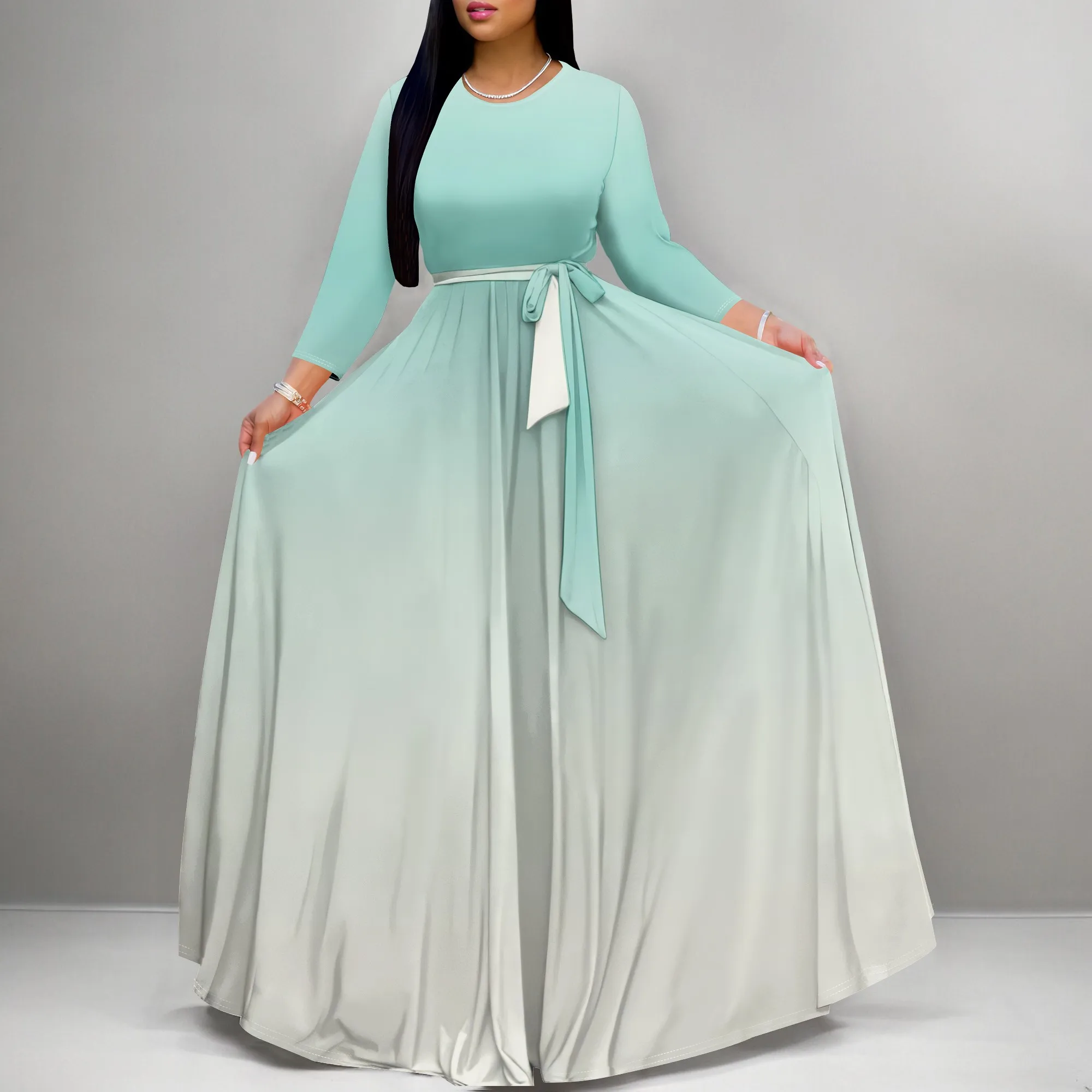Plus Size Dresses for Curvy Women Sexy Long Sleeve Round Neck Wrap Floor Length Maxi Sundress with Belt Maxi Dress