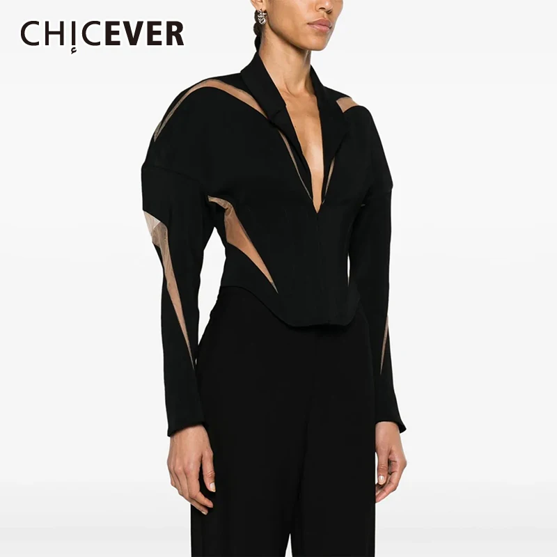 

CHICEVER Colorblock Spliced Mesh Jacket For Women Lapel Long Sleeve Patchwork Zipper Streetwear Summer Coats Female New Fashion