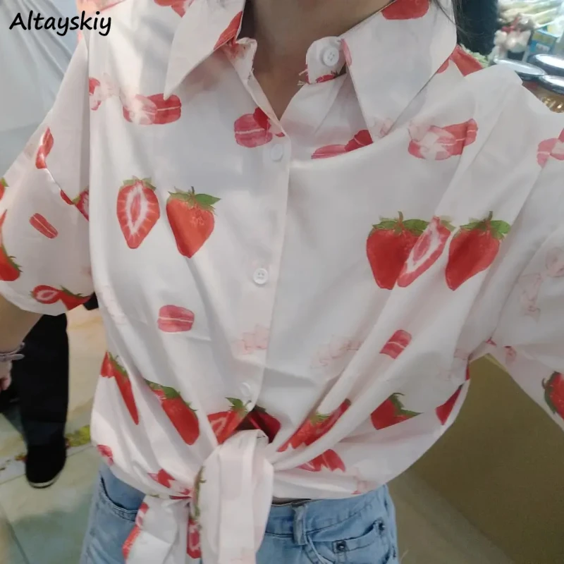 Women Shirts Short-sleeve Simple Turn-down Collar Age-reducing Personality Ulzzang Korean Style Loose Streetwear Female Chic