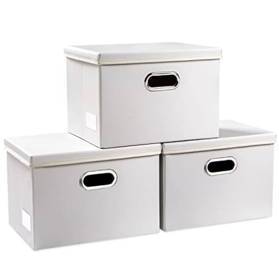 

Collapsible Storage Bins with Lids [3-Pack] Leather Fabric Foldable Storage Boxes Organizer Containers Baskets Cube with Cover