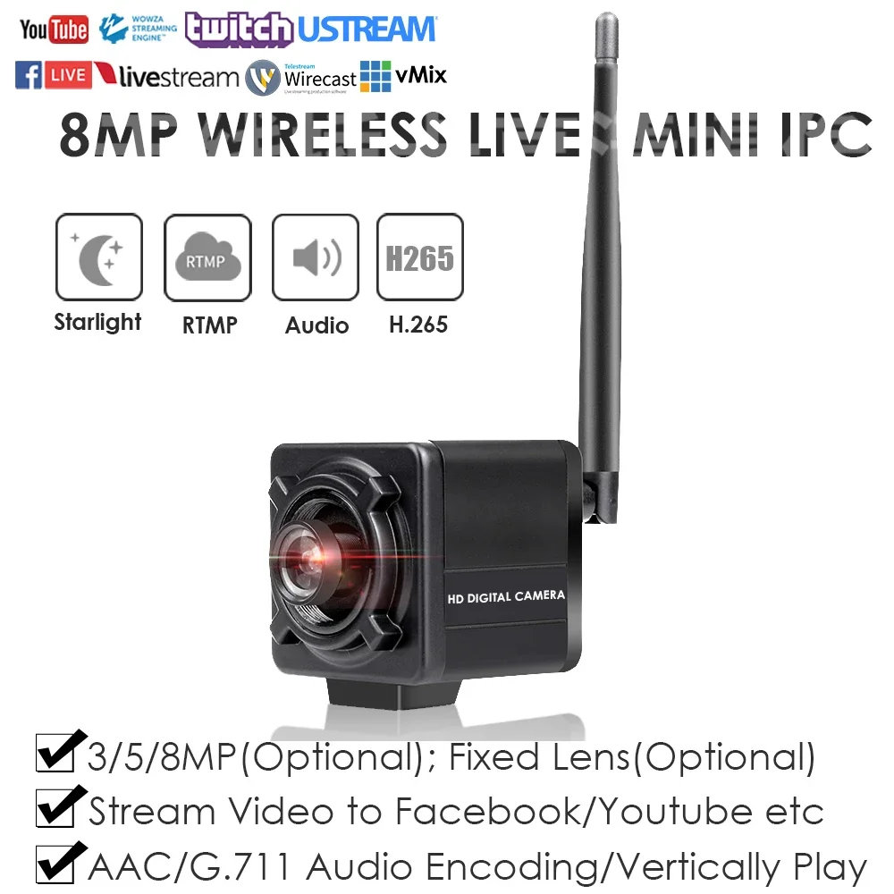 

4K 8MP Wireless WiFi RTMP IP Camera Mini Cube Live Streaming Push Video To YouTube/Facebook/Wozza Onvif Indoor Motion Detection