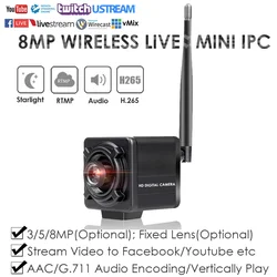 4K 8MP Wireless WiFi RTMP IP Camera Mini Cube Live Streaming Push Video To YouTube/Facebook/Wozza Onvif Indoor Motion Detection