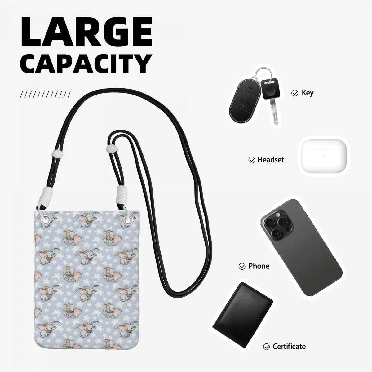 Custom Casual Dumbo Mobile Phone Bag Men Women Cartoon Shoulder Crossbody Bag For Travel Detachable Shoulder Strap