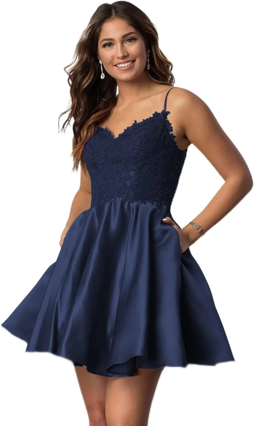 

Короткие платья для выпускного вечера на тонких бретельках для юниоров Кружевные коктейльные платья с V-образным вырезом и карманами