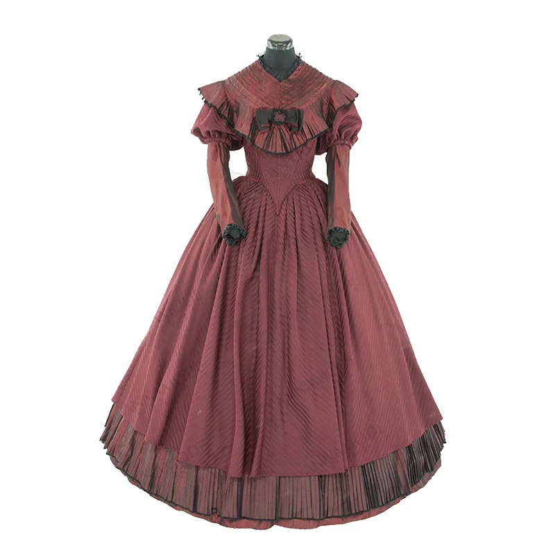 

Custom Made Civil War Puffy Sleeves Striped Dress Women Gothic Southern Belle V-Neck Ball Gown Edwards Fancy Party Dress